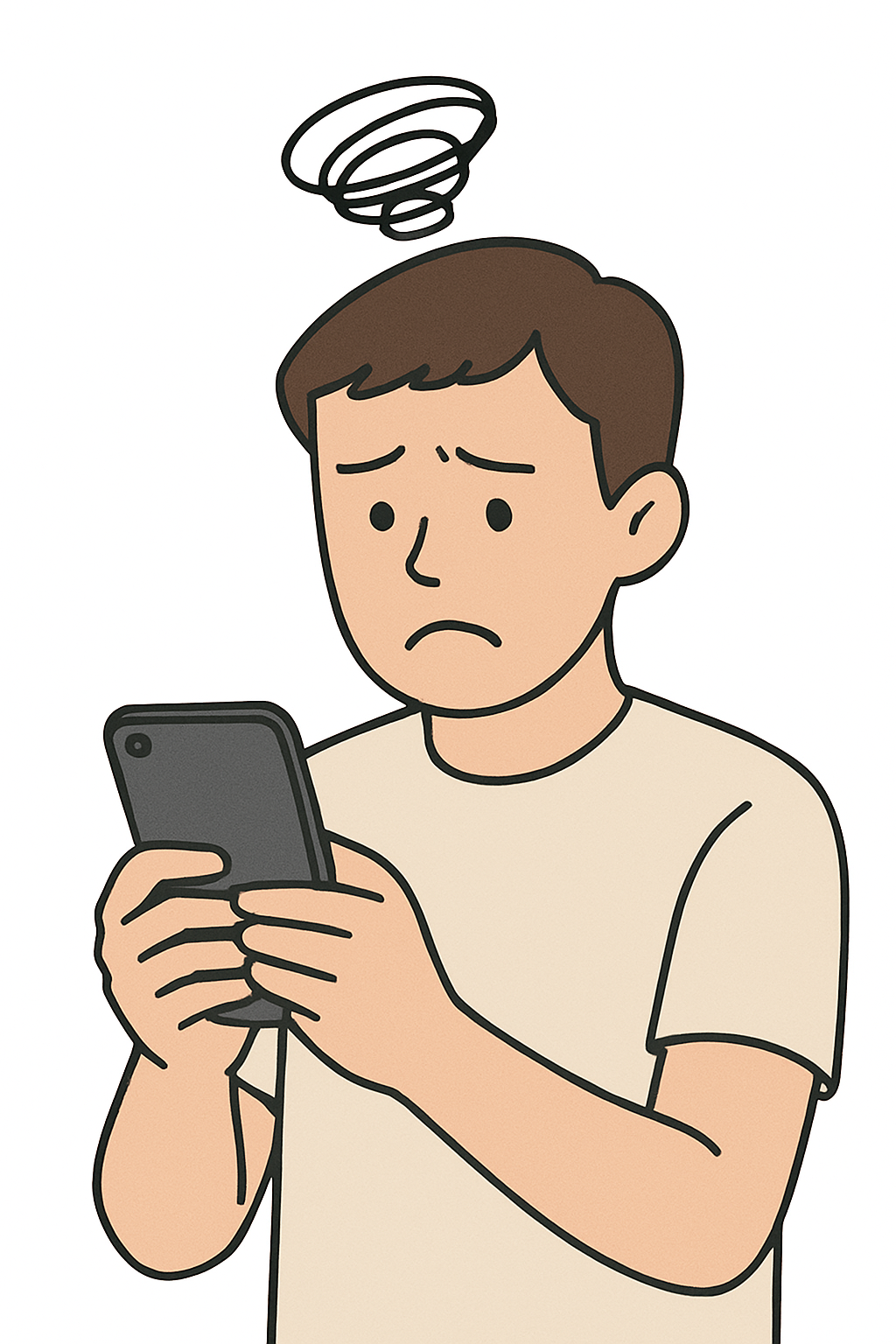 スマートフォンを見て困惑する人物のイラスト
