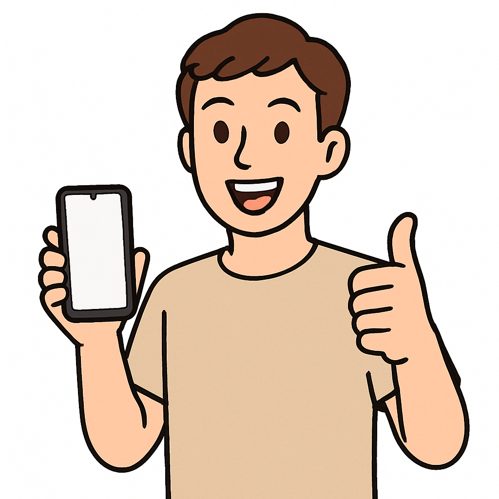 スマートフォンを持って笑顔で親指を立てる人物のイラスト